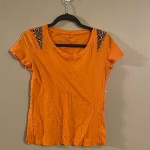 New York & Company Scoop Neck Short Sleeve Shirt with Embellished Shoulder Small